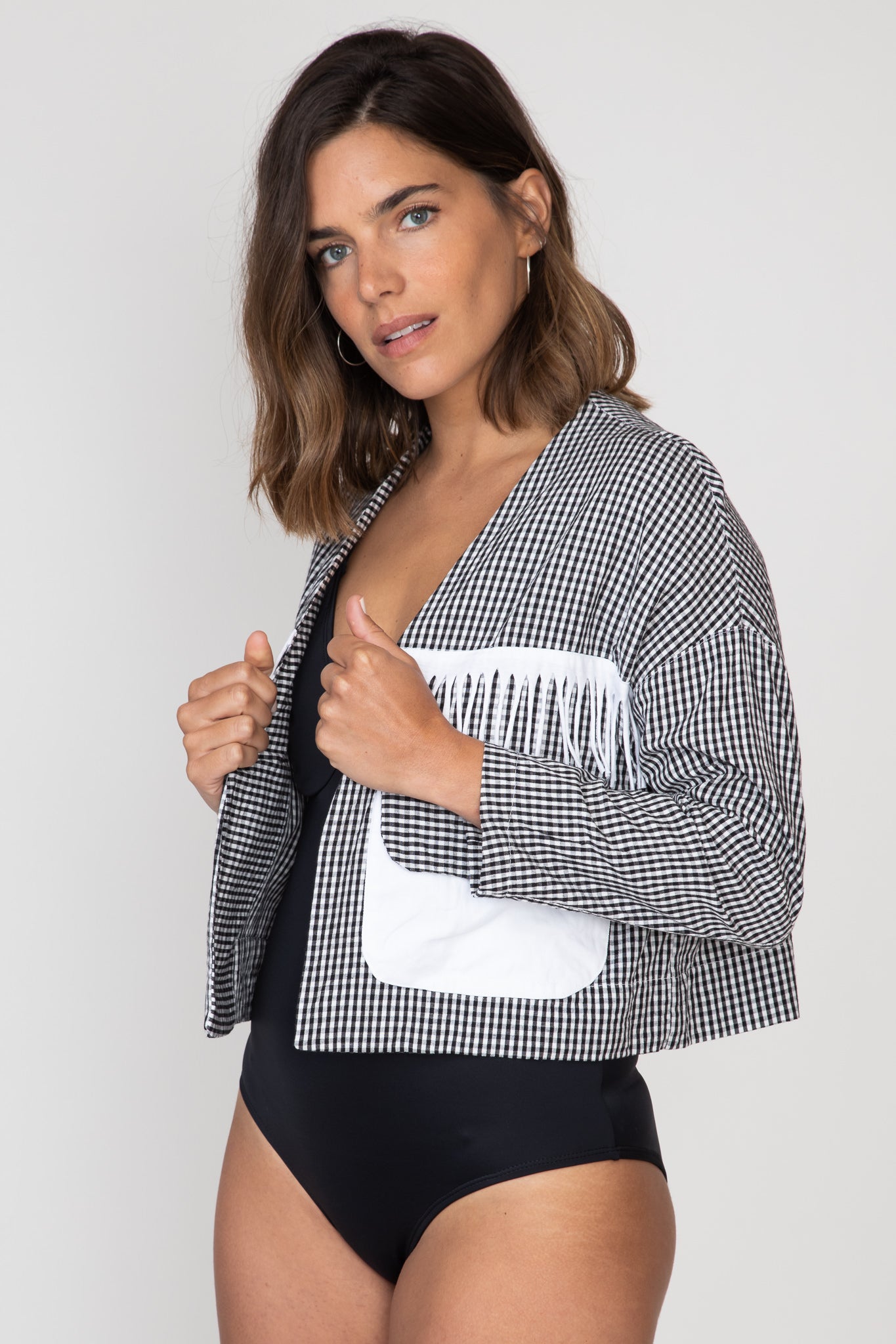 Checked Fringed Crop Jacket
