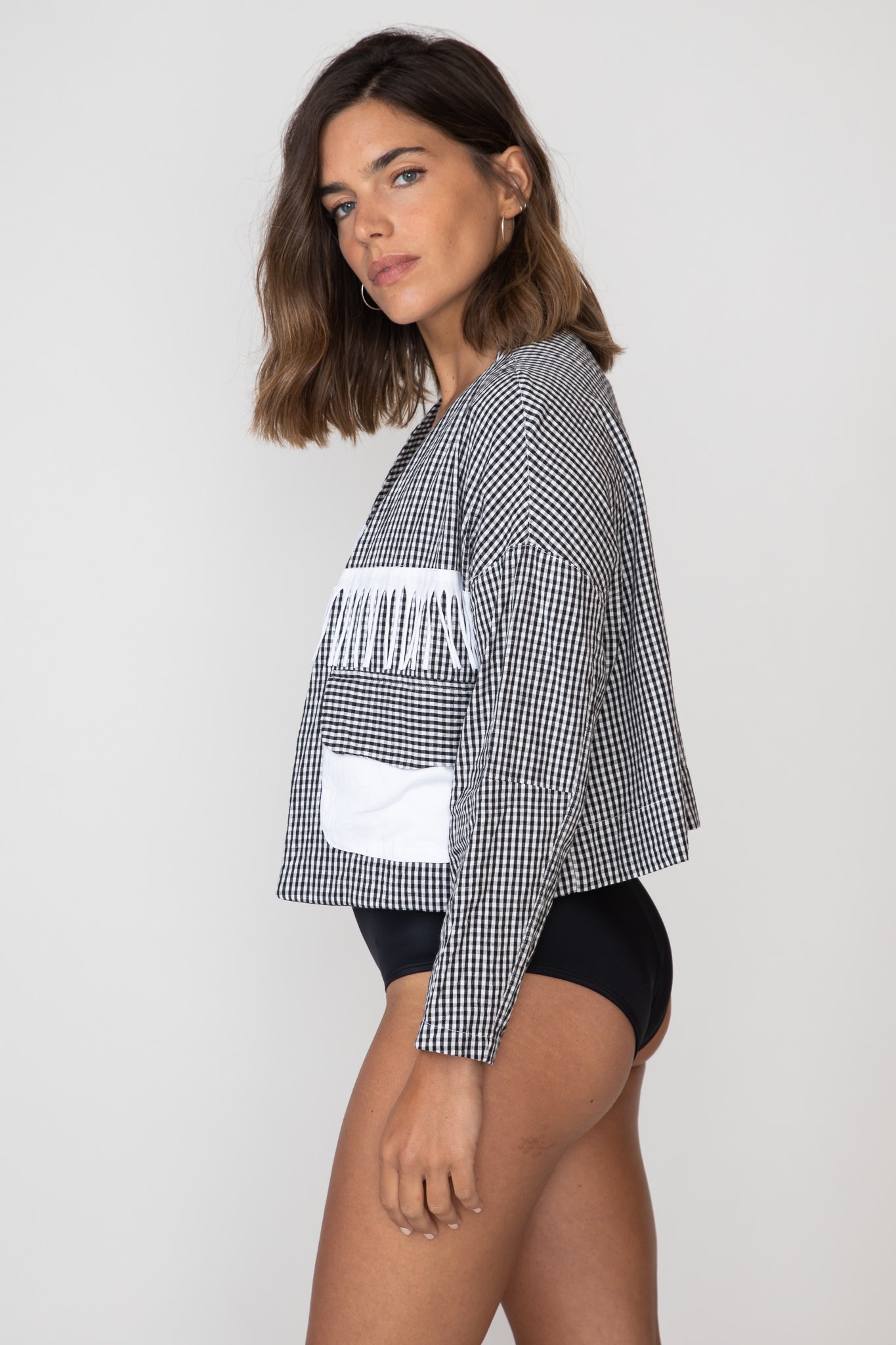 Checked Fringed Crop Jacket