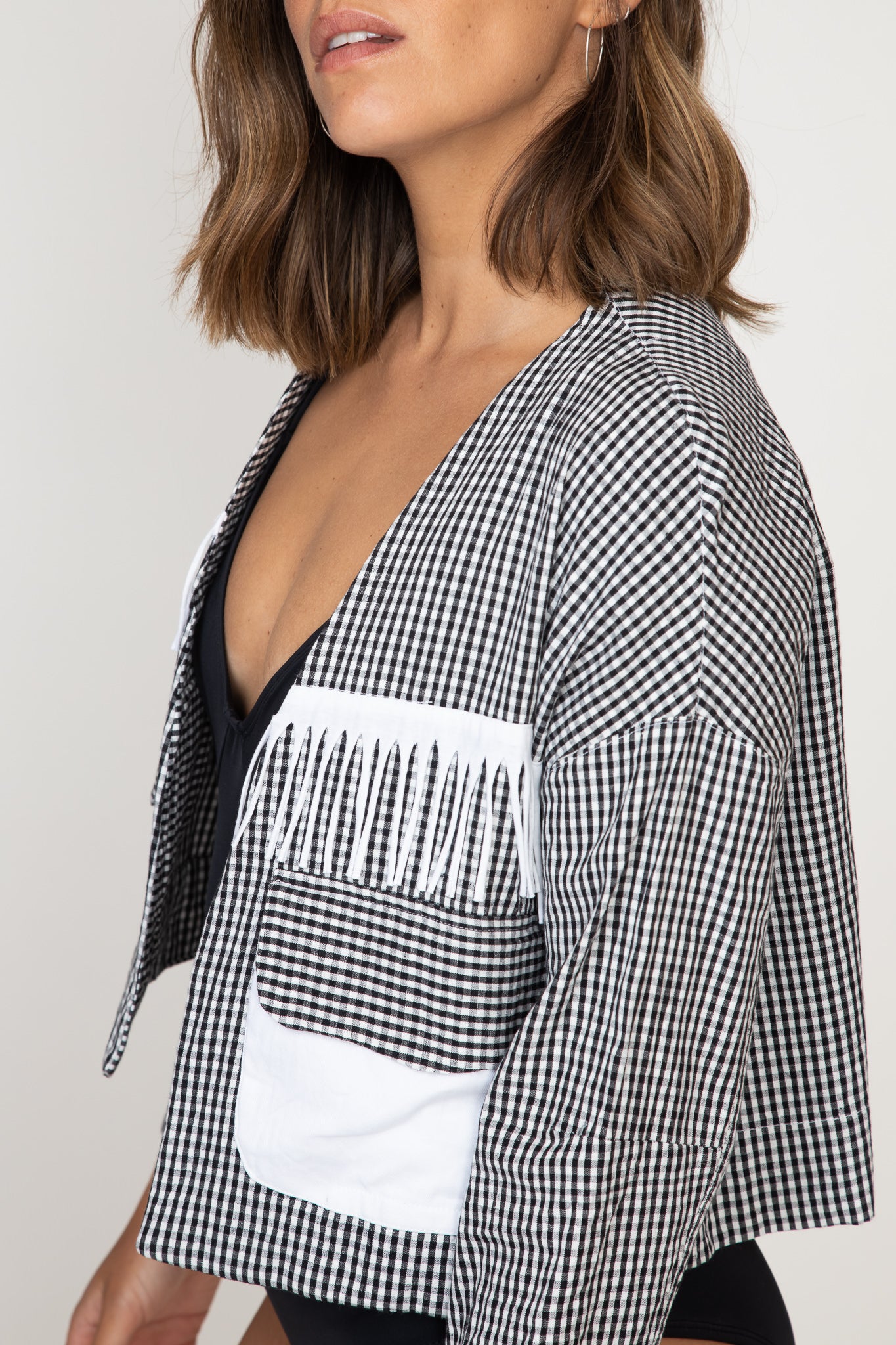 Checked Fringed Crop Jacket