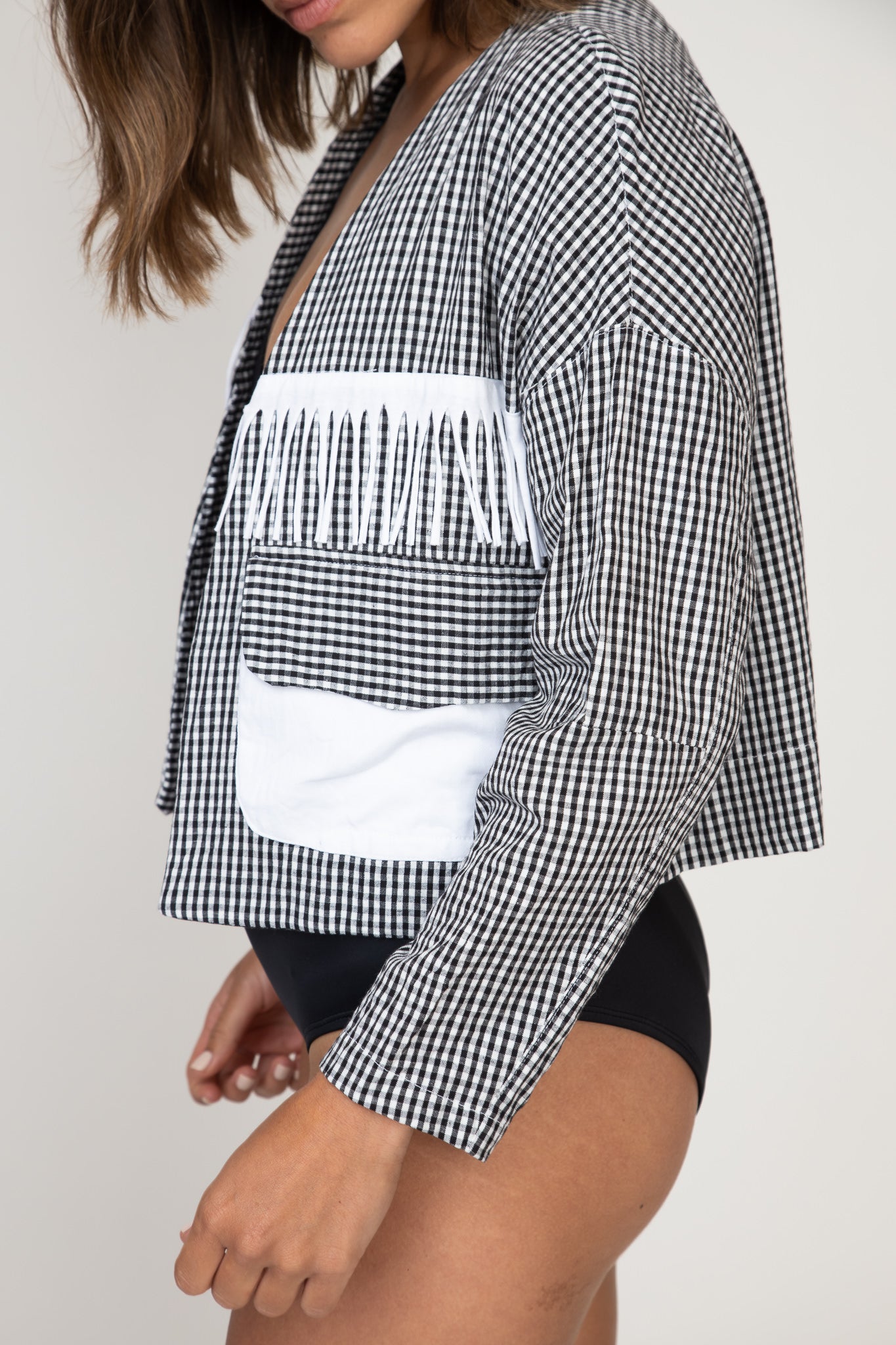 Checked Fringed Crop Jacket