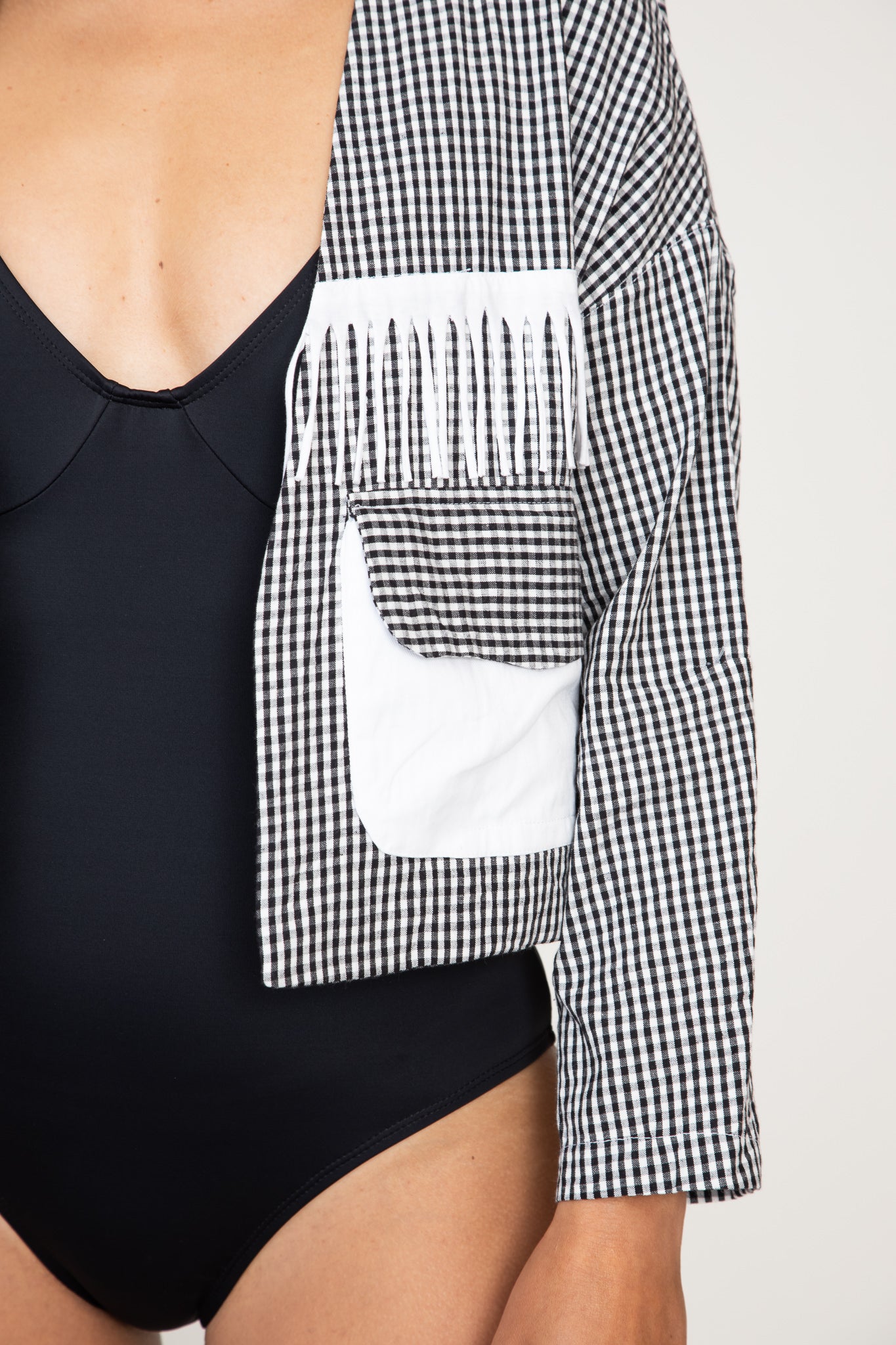 Checked Fringed Crop Jacket