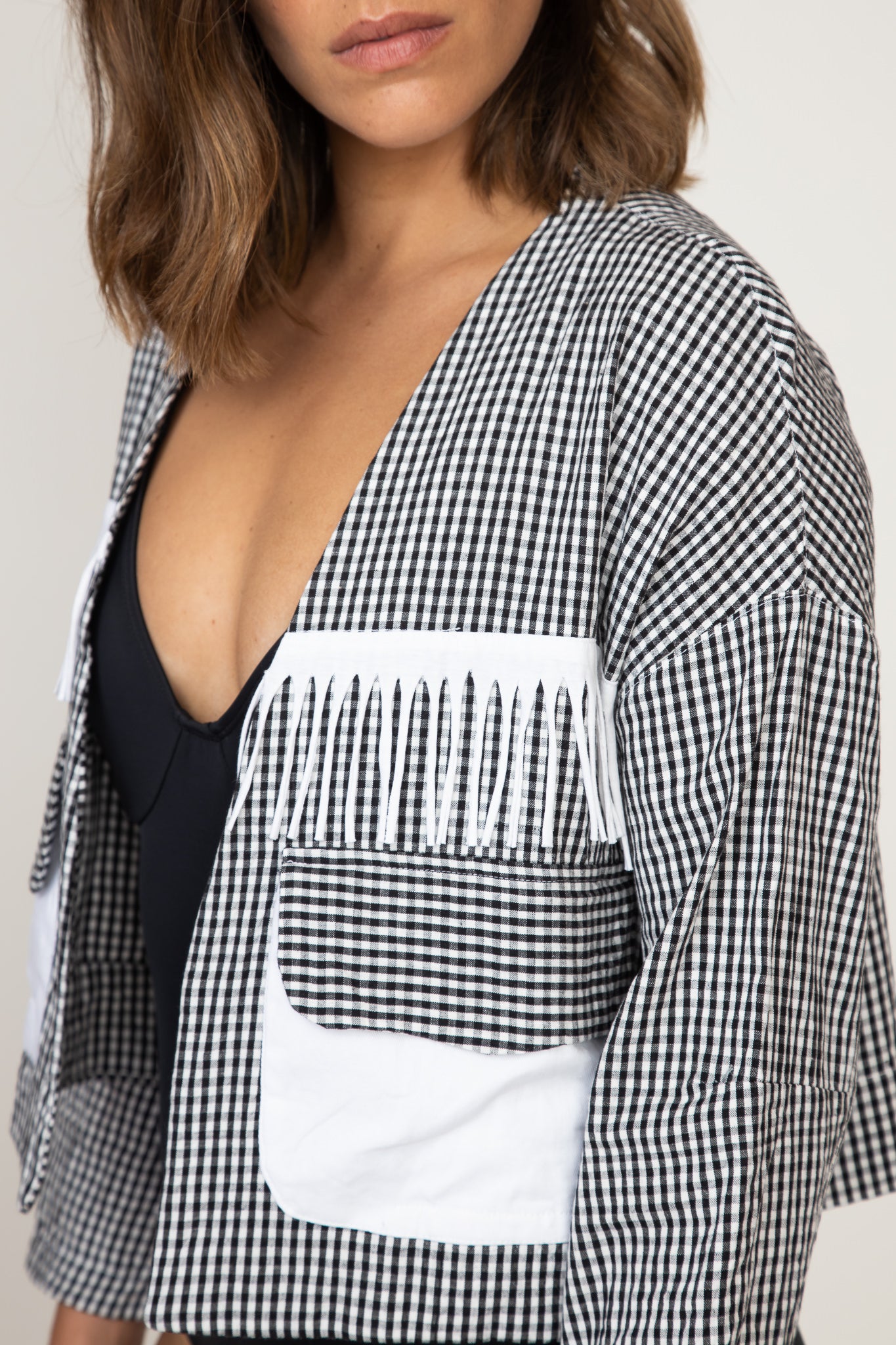 Checked Fringed Crop Jacket